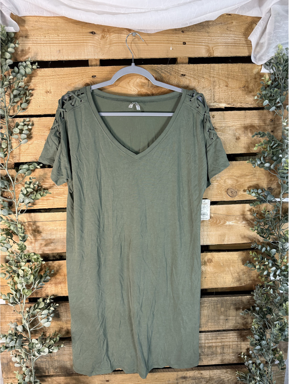 Mudd Olive Green Lace-Up Shoulder T-Shirt Dress Size L